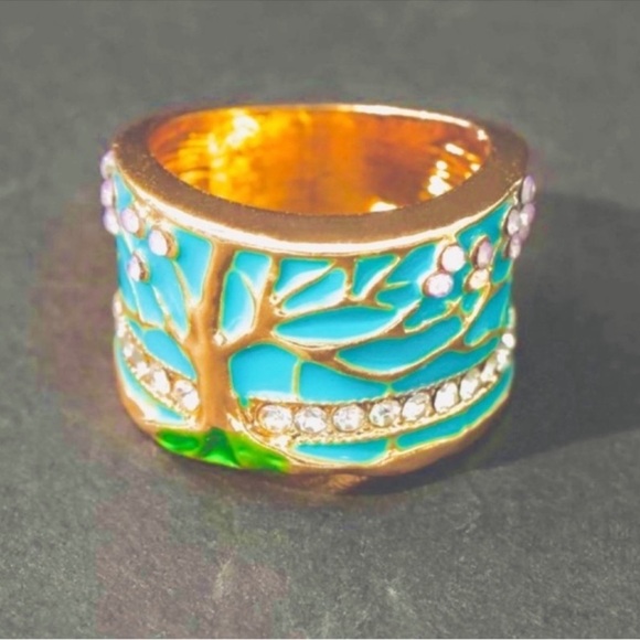 NIB 18k Gold Fire Opal and enamel tree of life Cherry blossom ring - Picture 9 of 16